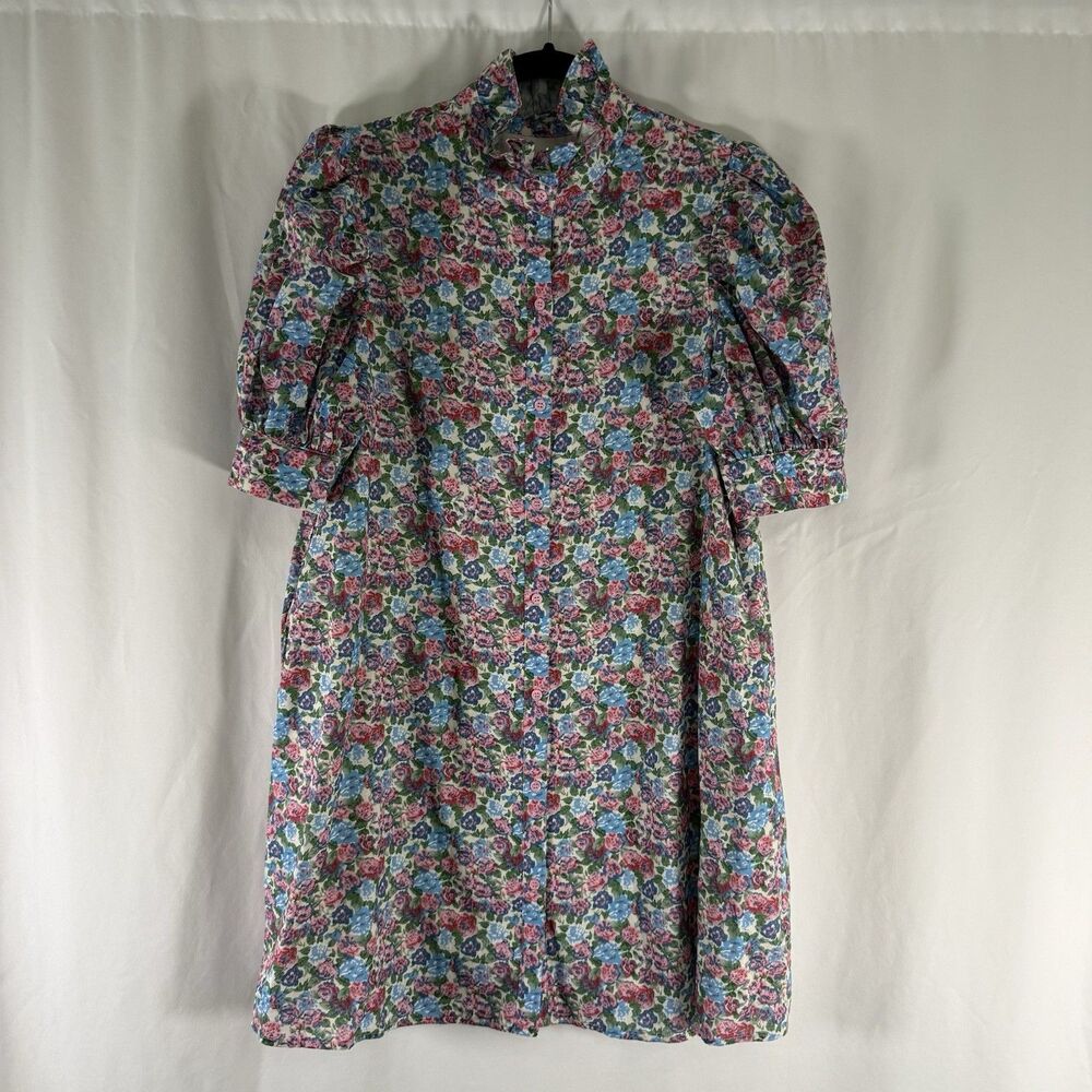 Hyacinth House Mini Dress Women's Small Blue Pink Floral Button Down Puff Sleeve